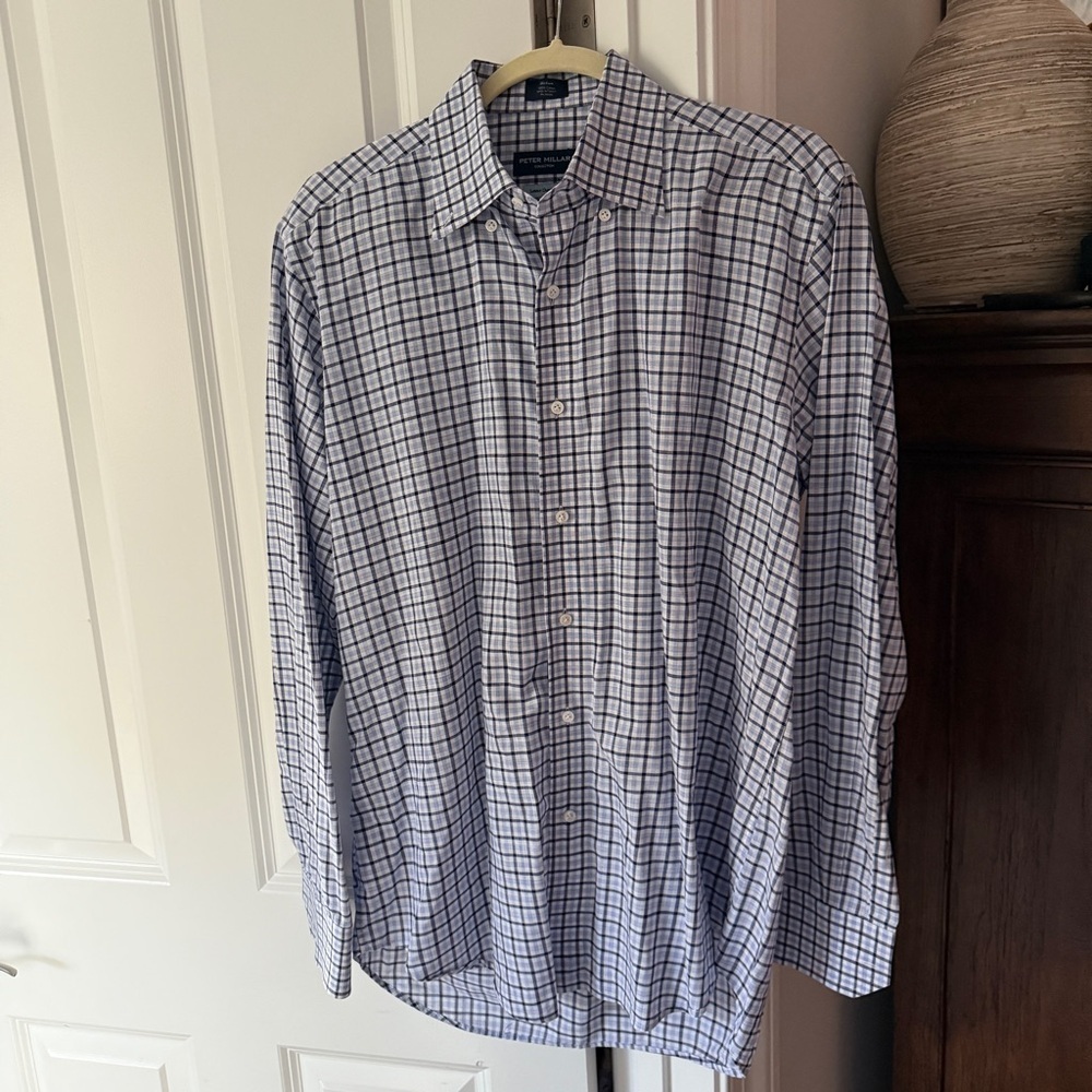 Peter Millar Summer Chambray Plaid Cotton Long Sleeve Button Down Blue Gray